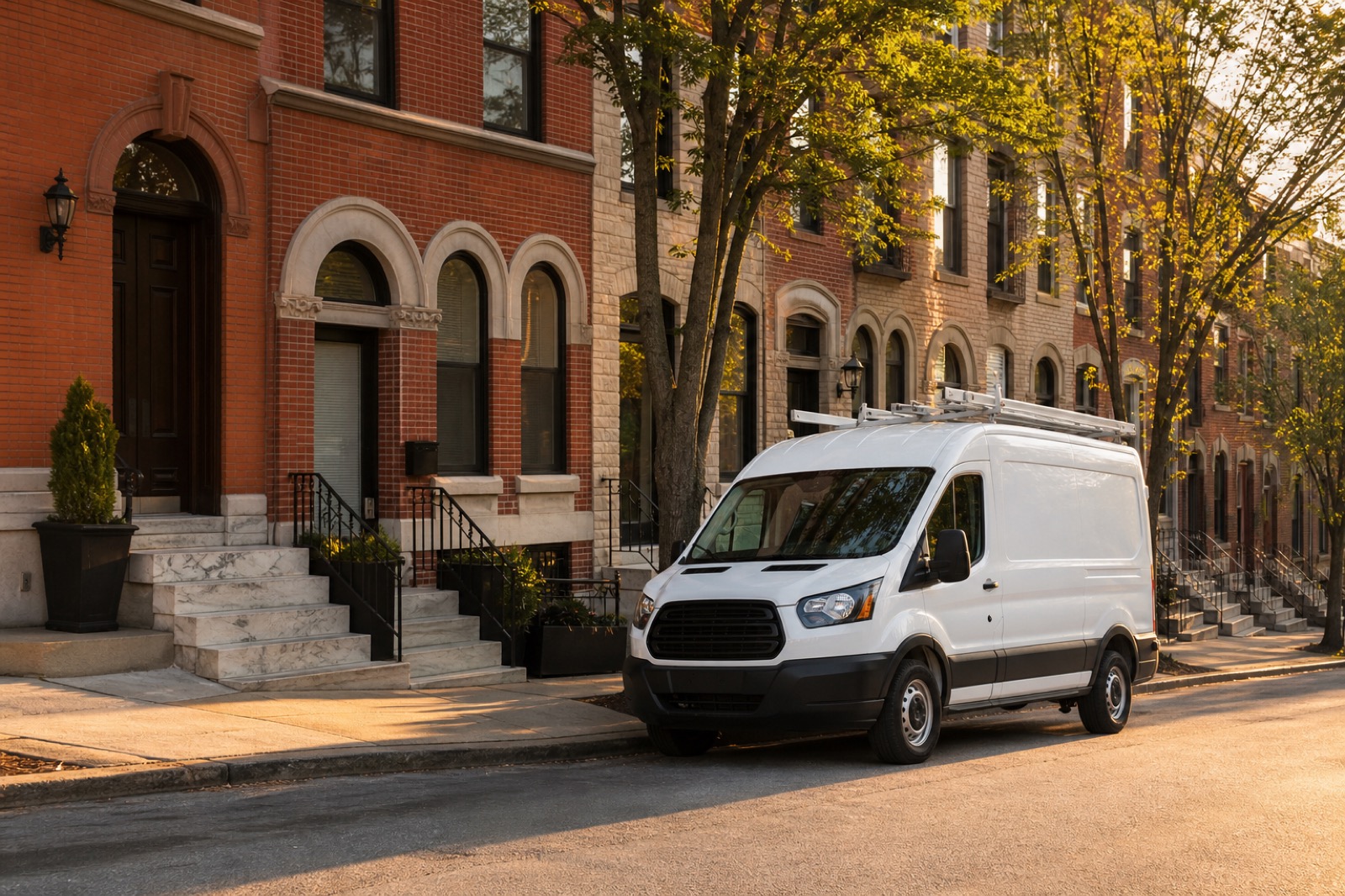 RCH Electric white service van on a Baltimore rowhome street at golden hour