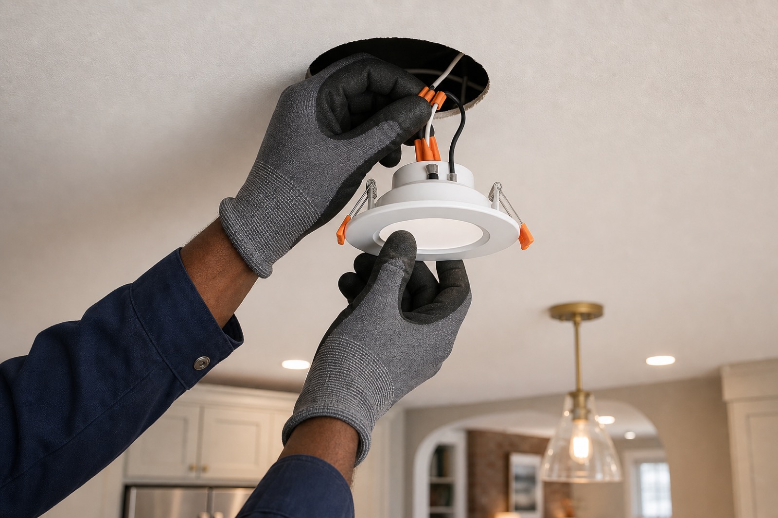 Indoor recessed LED lighting installation in a Baltimore rowhome kitchen