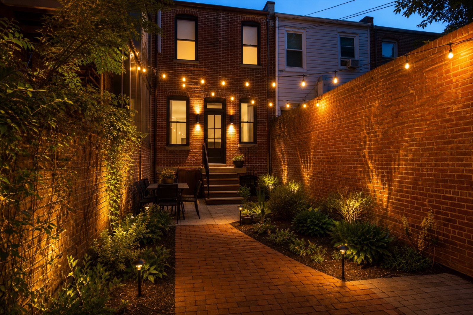 Outdoor landscape and security lighting on a Baltimore brick rowhome patio